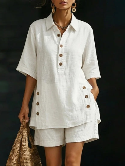 Women's Linen Button Matching Short Set