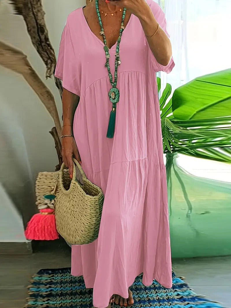 Women's Boho V-Neck Tiered Flowy Maxi Dress