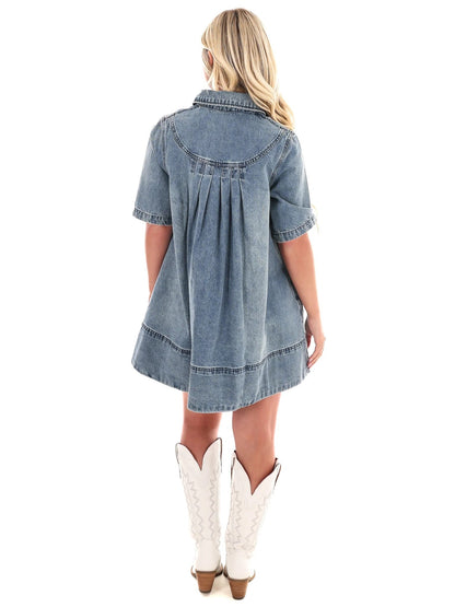 Women's V Neck Short Sleeve Jean Babydoll Dress