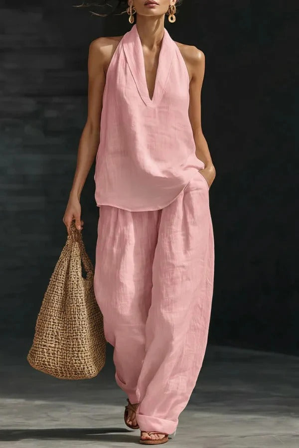 Women's Linen Halter Top & Wide Leg Pants Set
