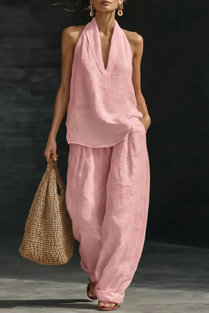Women's Linen Halter Top & Wide Leg Pants Set