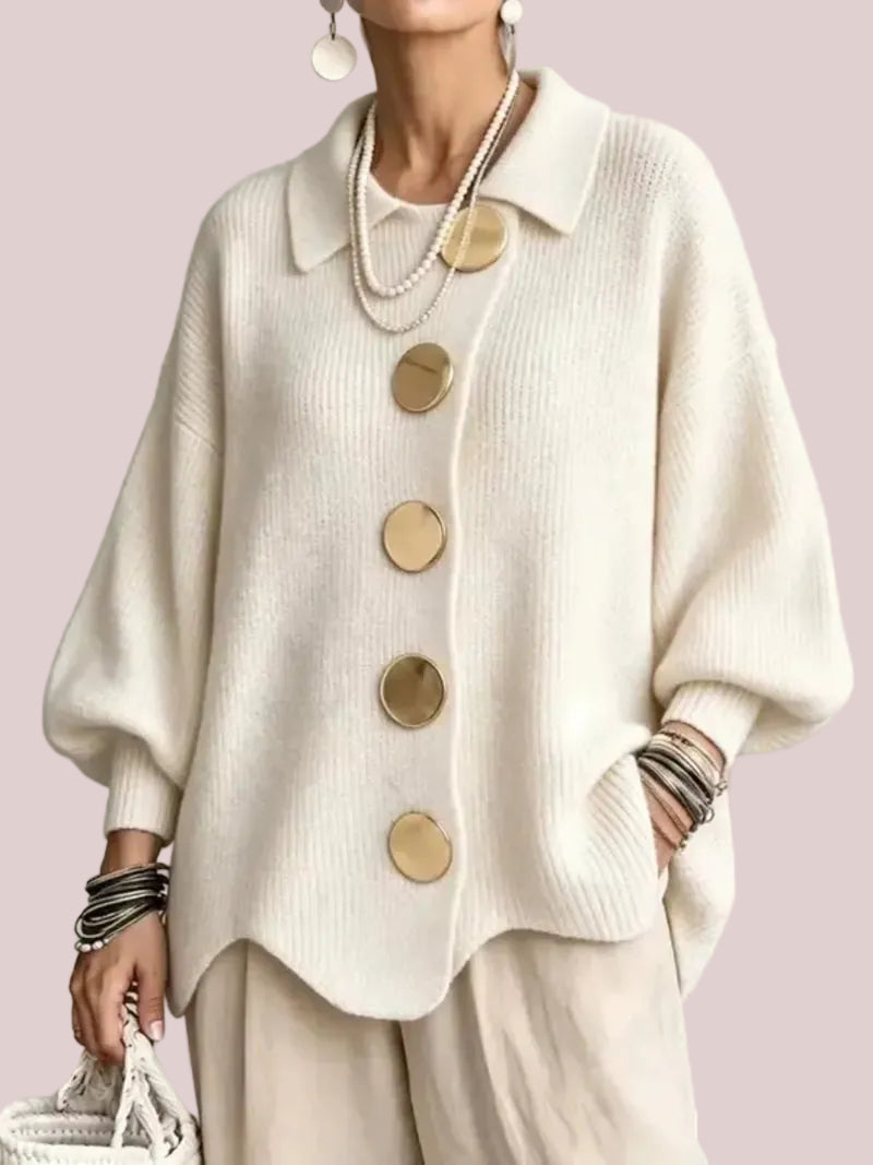 Women's French Lapel Knit Cardigan with Big Metal Buttons