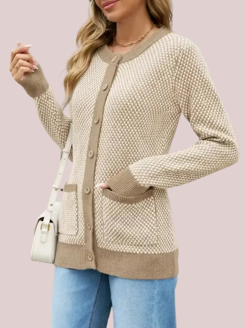 Women's Houndstooth Cardigan Sweaters with Front Patch Pockets