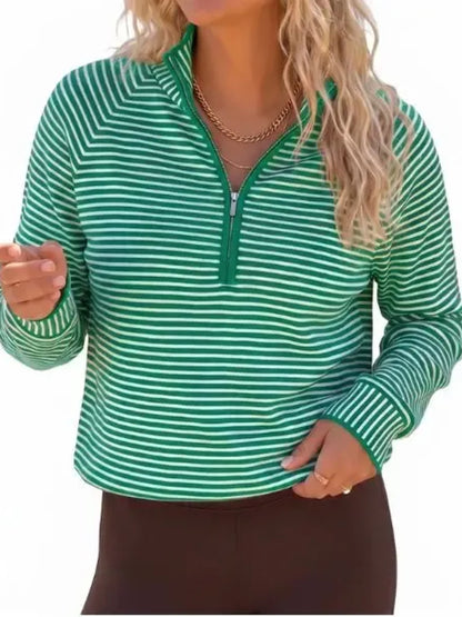 Women's Striped Half Zip Stand Collar Cropped Pullover