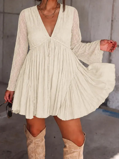 Women's V Neck Long Sleeve Dress with Pants Lining