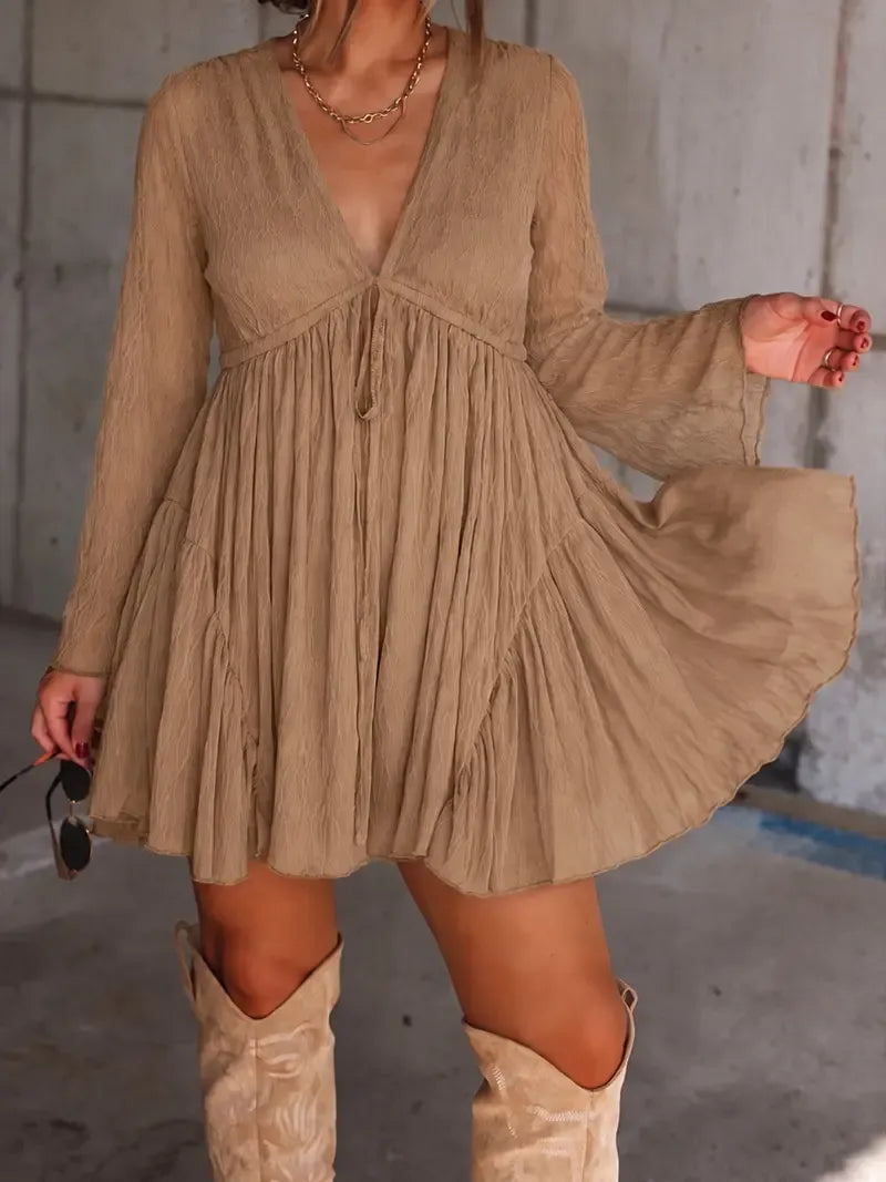 Women's V Neck Long Sleeve Dress with Pants Lining