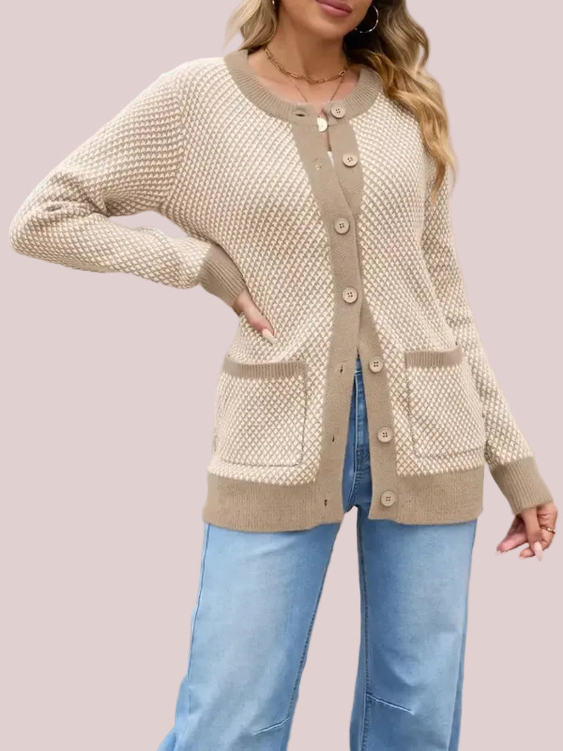 Women's Houndstooth Cardigan Sweaters with Front Patch Pockets
