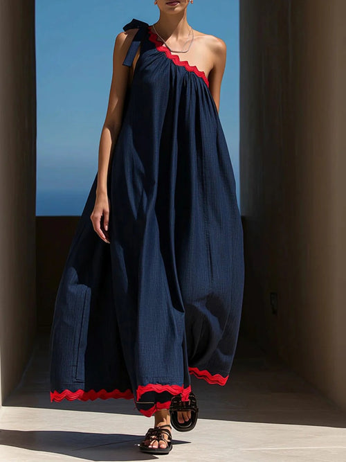One Shoulder Bow Maxi Dress with Red Scalloped Trim