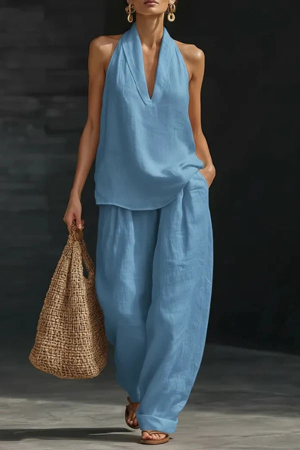 Women's Linen Halter Top & Wide Leg Pants Set