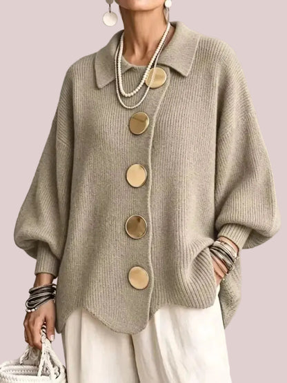 Women's French Lapel Knit Cardigan with Big Metal Buttons