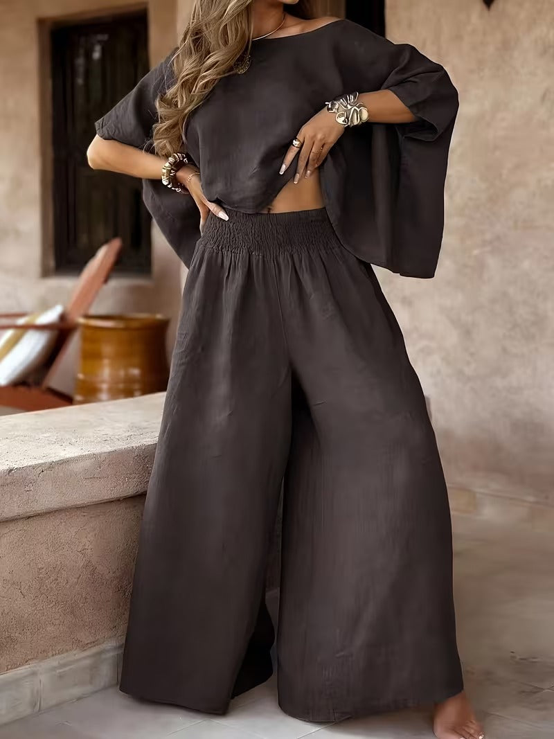 Women's Off Shoulder Batwing Top Wide Leg Pants Outfit