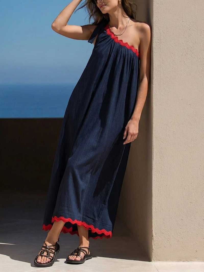 One Shoulder Bow Maxi Dress with Red Scalloped Trim