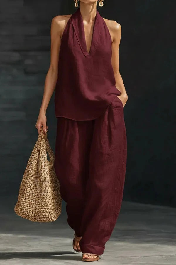 Women's Linen Halter Top & Wide Leg Pants Set