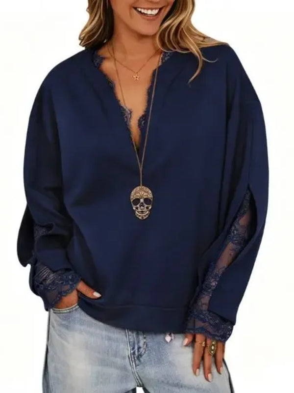 Women's Lace Patchwork Mock 2 Piece V Neck Top