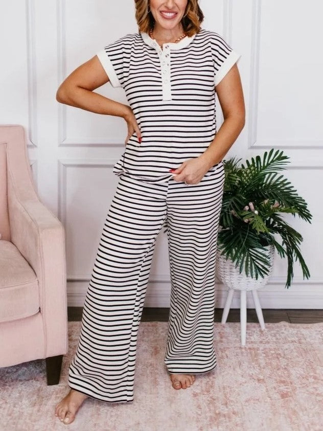 Women's Striped Henley 2‑Piece Pajama Set