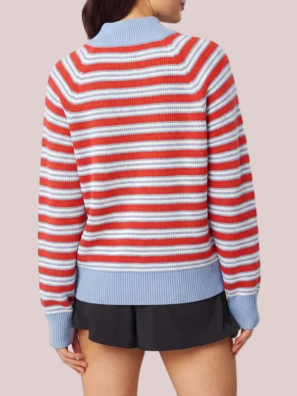 Women's Striped Waffle Knit Half Zip Pullover