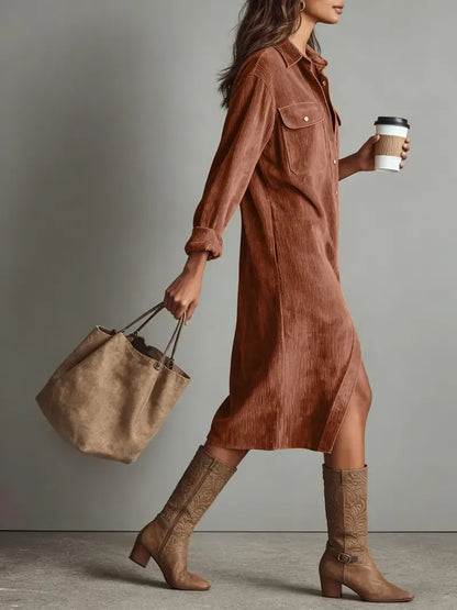 Women’s Fall Lapel Corduroy Button Down Shirt Dress