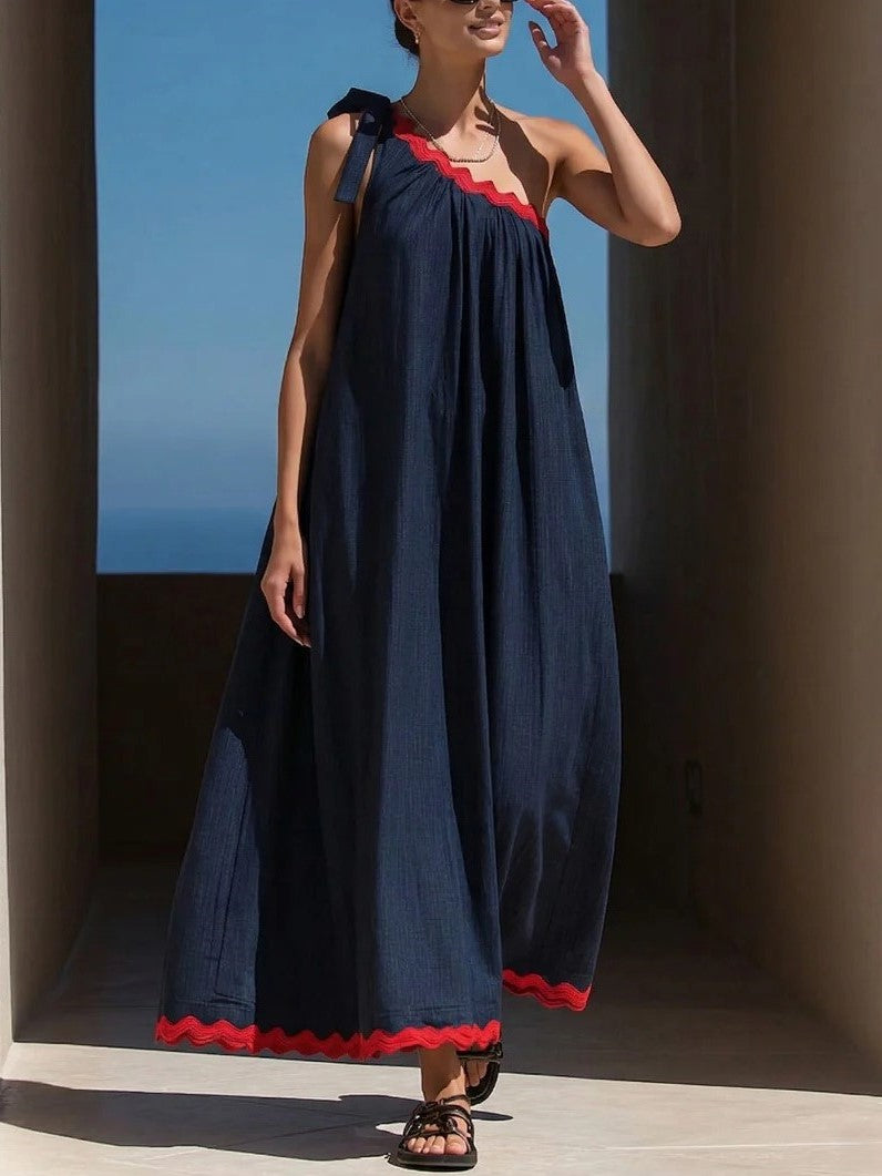 One Shoulder Bow Maxi Dress with Red Scalloped Trim