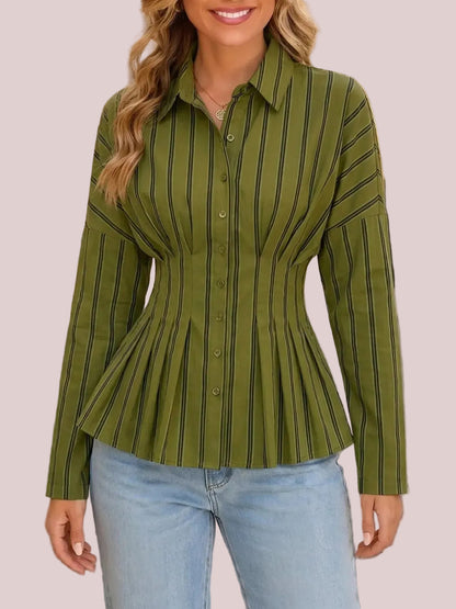 Women's Waist Pleated Striped Long Sleeve Shirt