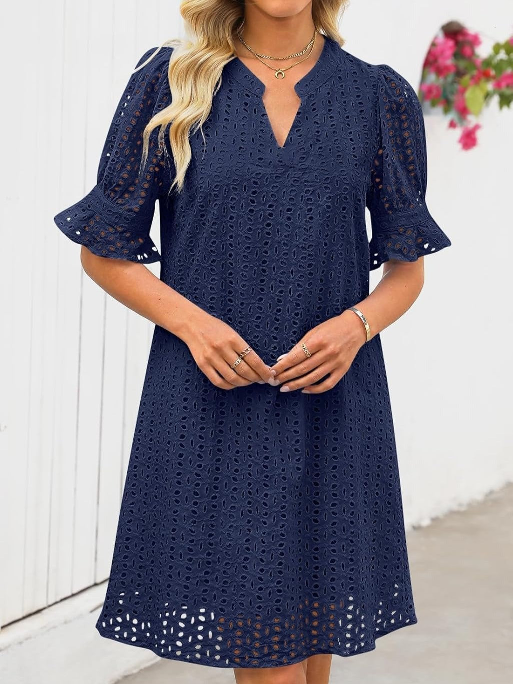 Flounce Sleeve Eyelet Tunic Dress for Women