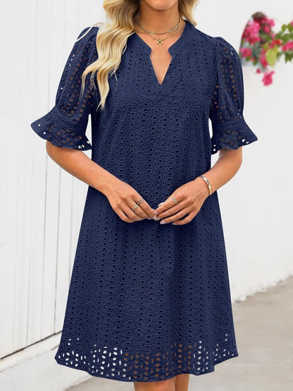 Flounce Sleeve Eyelet Tunic Dress for Women