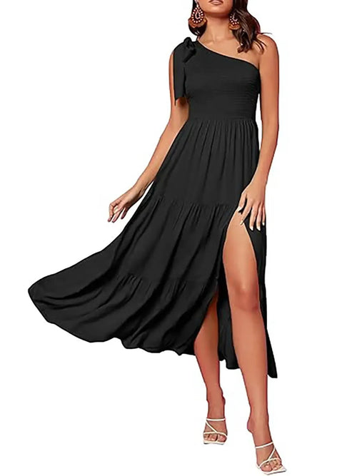 Bohemian Flowy Smocked Side Split Midi Dress