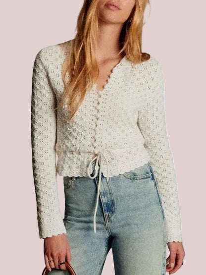 Women's Boho Scallop Trim Eyelet Long Sleeve Tie Waist Crop Shirt