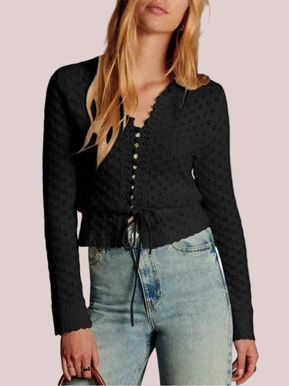 Women's Boho Scallop Trim Eyelet Long Sleeve Tie Waist Crop Shirt
