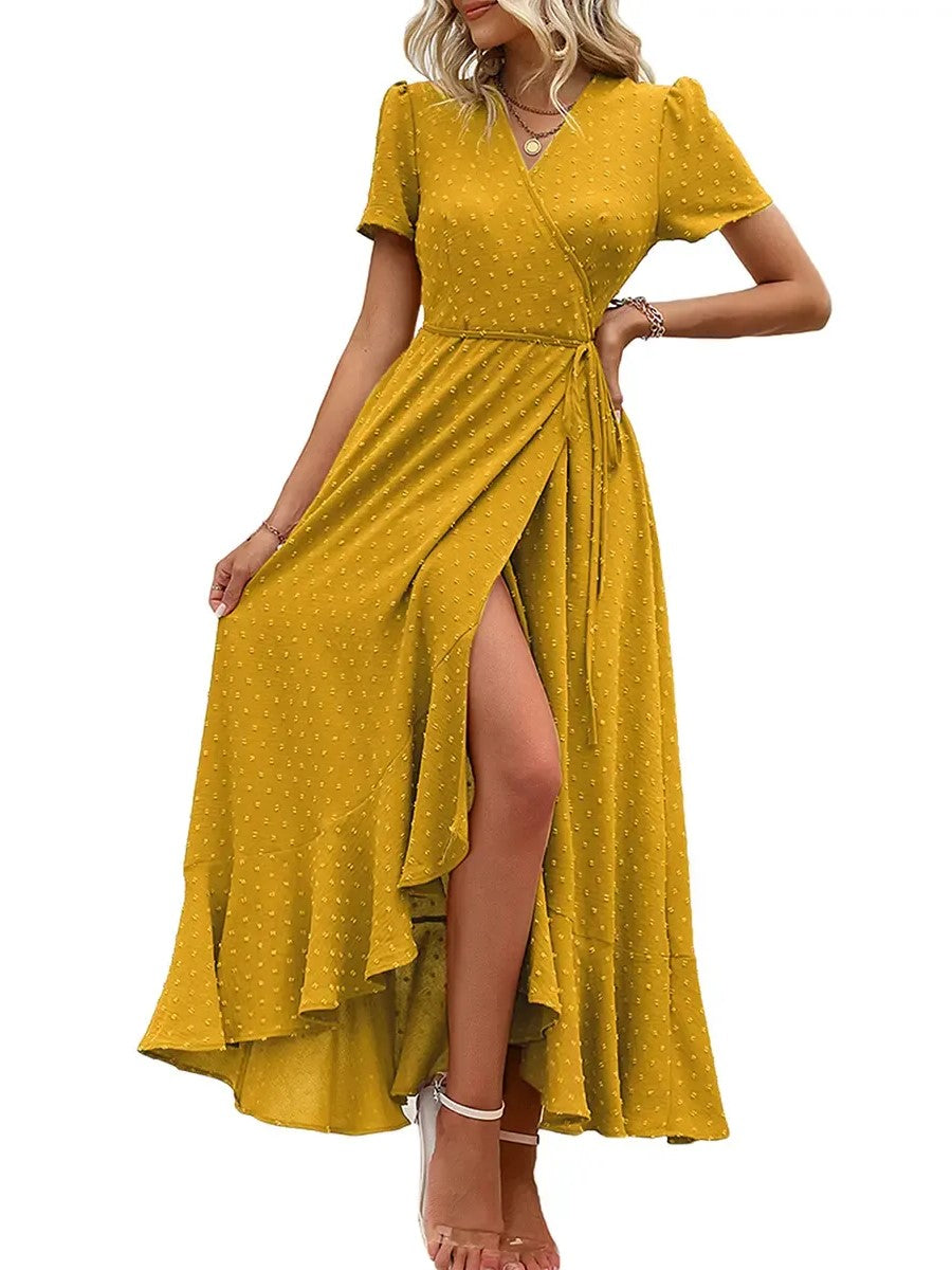 Women's Wrap V Neck Short Sleeve Maxi Dress