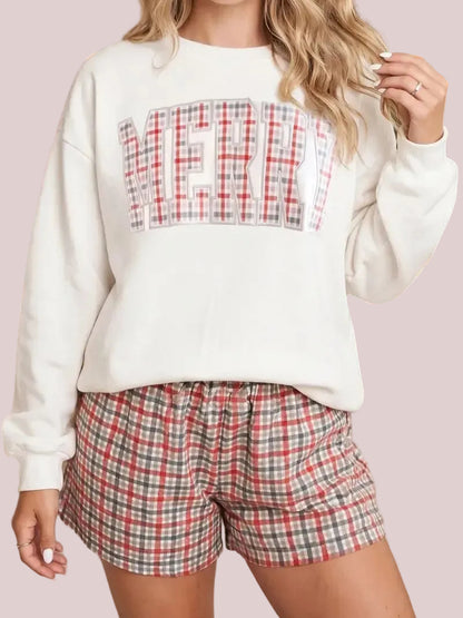Women's Merry Plaid Letter Sweatshirt & Plaid Shorts 2 Piece Set
