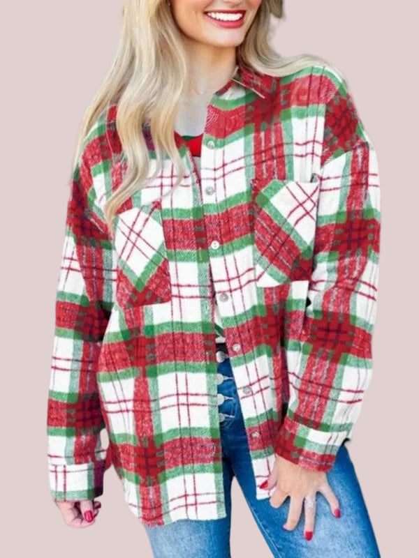 Women's Fall Holiday Color Block Plaid Shirt Jacket
