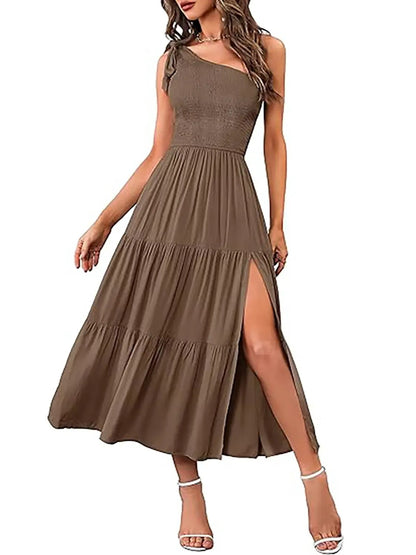 Bohemian Flowy Smocked Side Split Midi Dress