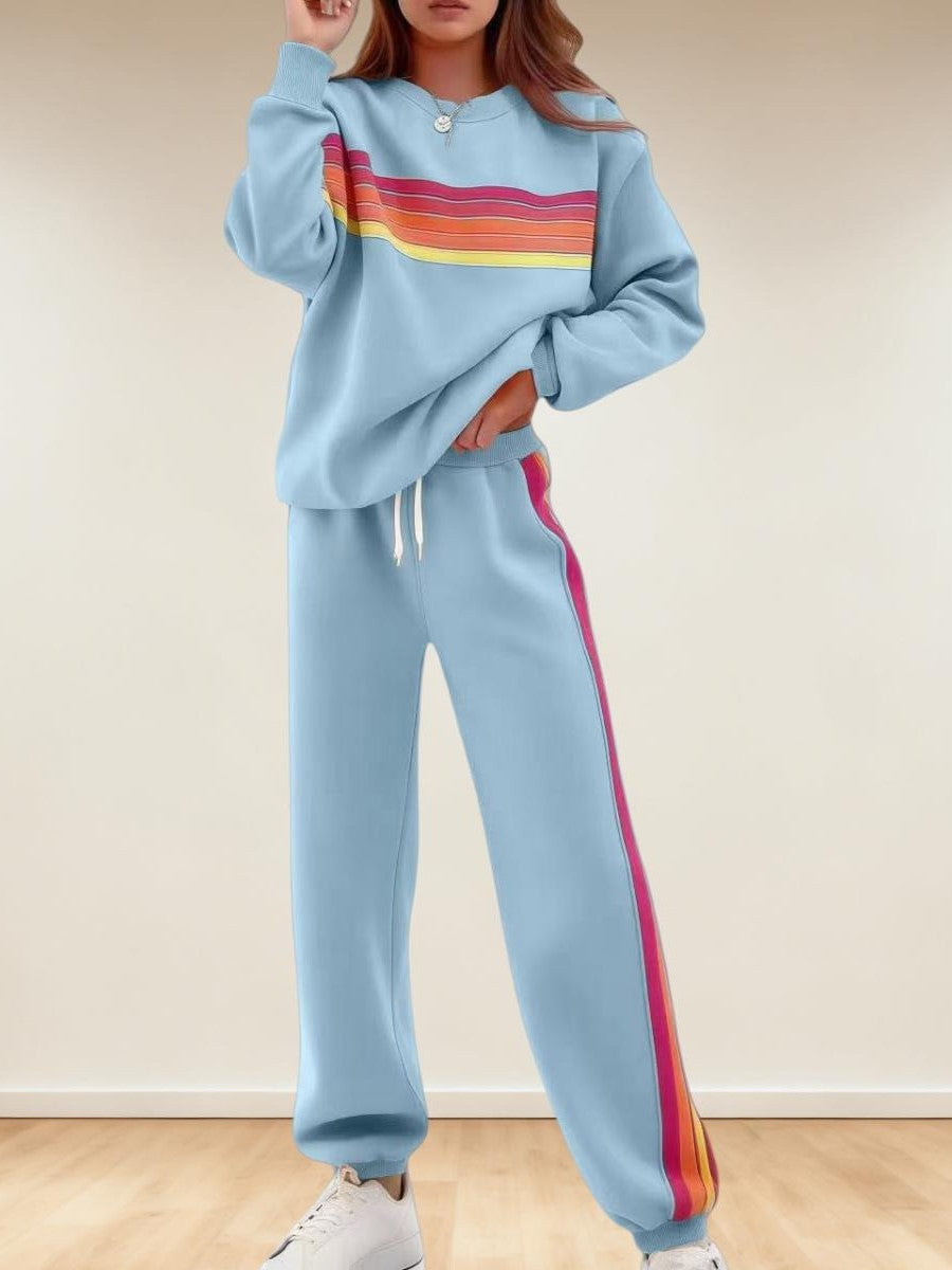 Women's Retro Striped Long Sleeve Sweat Top & Jogger Pants Two‑Piece Set