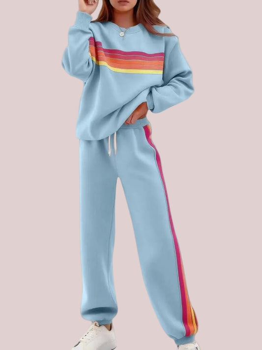 Women's Retro Striped Long Sleeve Sweat Top & Jogger Pants Two‑Piece Set
