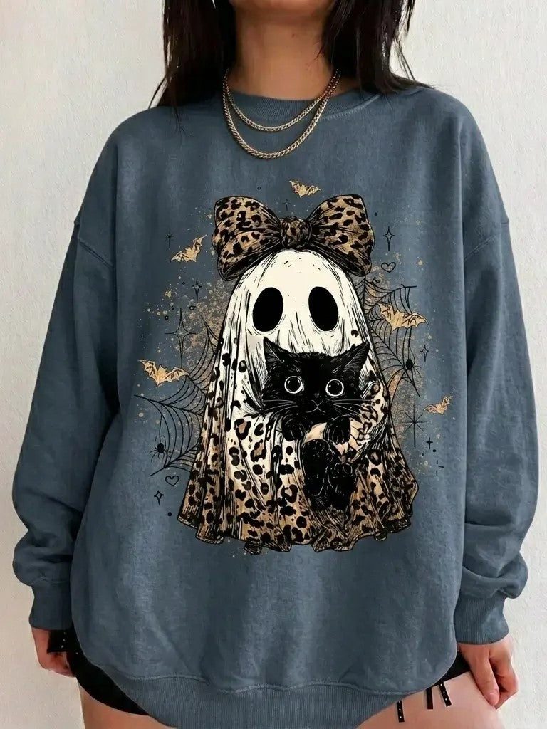 Vintage Halloween Leopard Bow Ghost Black‑Cat Sweatshirt