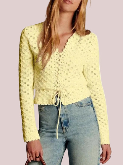 Women's Boho Scallop Trim Eyelet Long Sleeve Tie Waist Crop Shirt