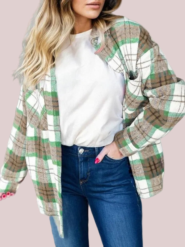 Women's Fall Holiday Color Block Plaid Shirt Jacket