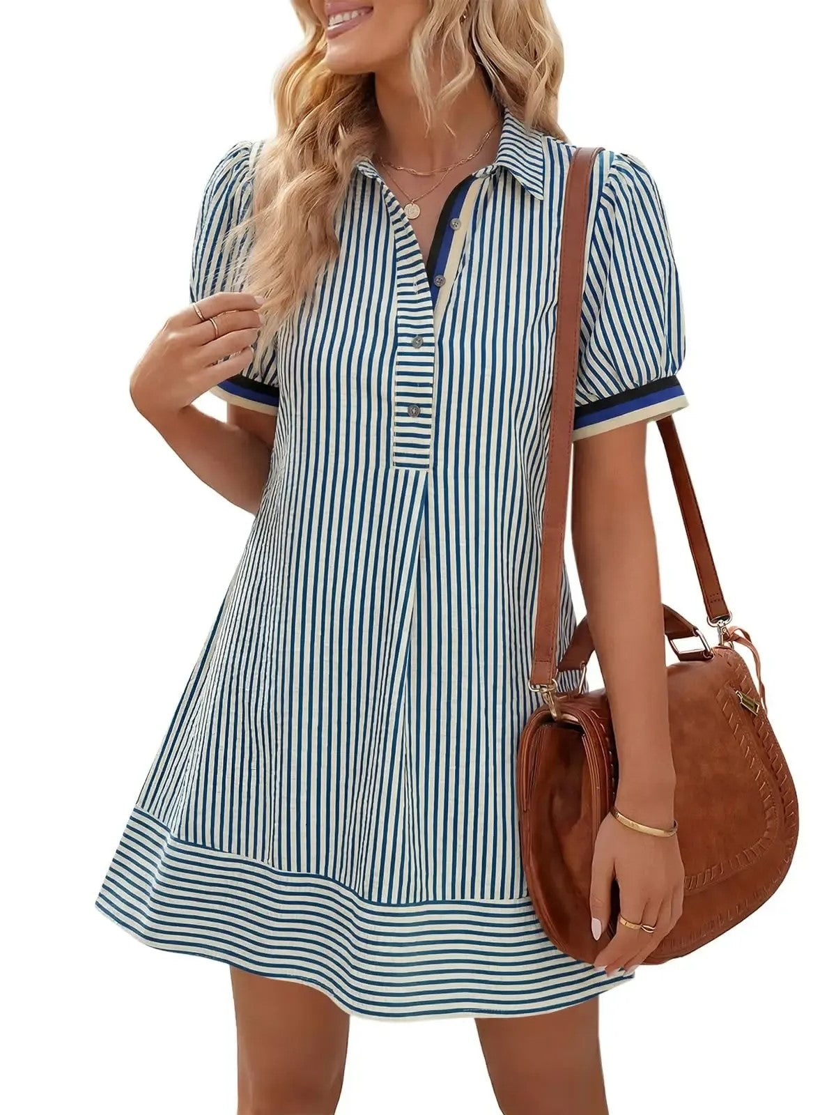 Women's Striped Collared Puff Sleeve Mini Shirt Dress