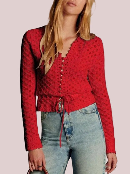 Women's Boho Scallop Trim Eyelet Long Sleeve Tie Waist Crop Shirt
