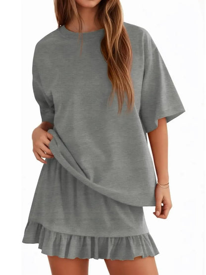 Summer Relaxed Fit Ruffle Hem Short Two Piece Outfit Set