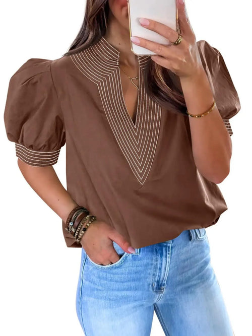 Women Contrast Stitch Stand Collar Puff Sleeve Casual Blouse