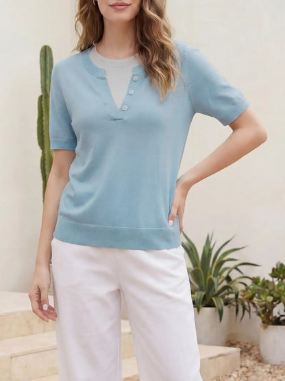 Women's Everyday Contrast Trim V Neck Knit Short Sleeve Blouse