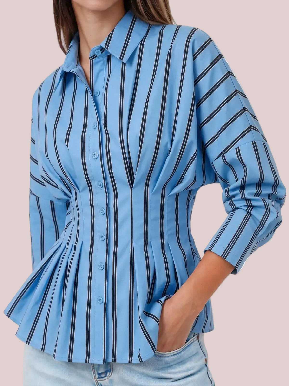 Women's Waist Pleated Striped Long Sleeve Shirt