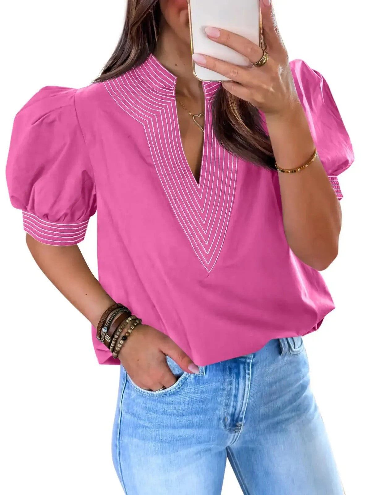 Women Contrast Stitch Stand Collar Puff Sleeve Casual Blouse