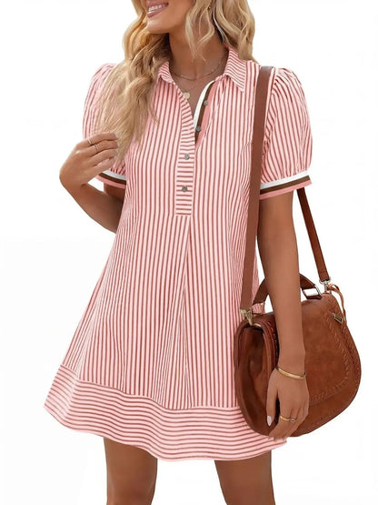 Women's Striped Collared Puff Sleeve Mini Shirt Dress