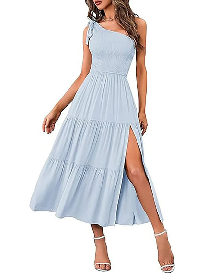 Bohemian Flowy Smocked Side Split Midi Dress