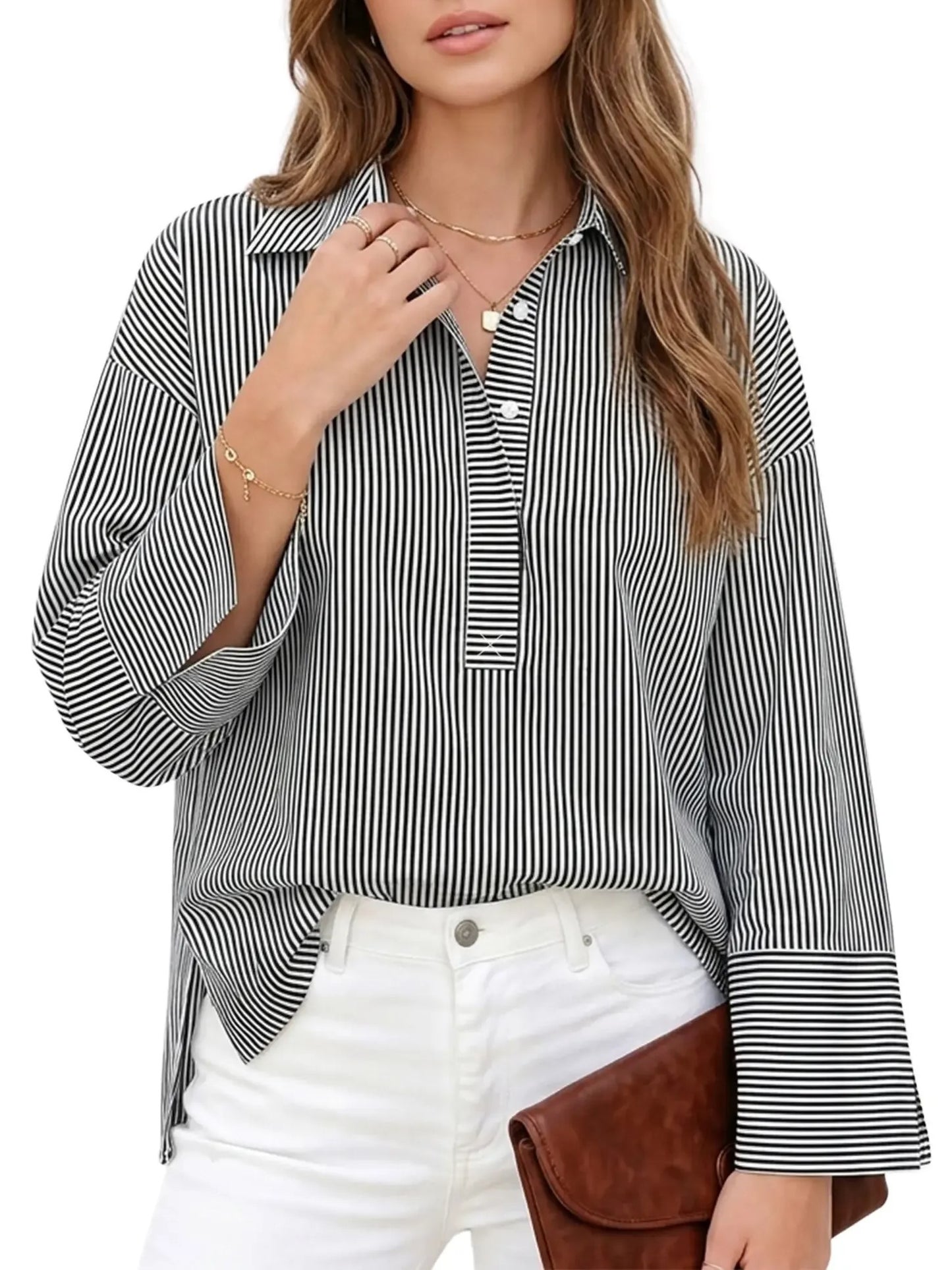 Women's Half Button Down Striped Blouse
