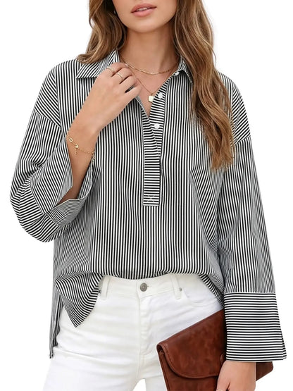 Women's Half Button Down Striped Blouse
