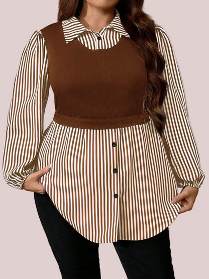 Women's Curvy Fit Long Sleeve Button Front Printed Blouse