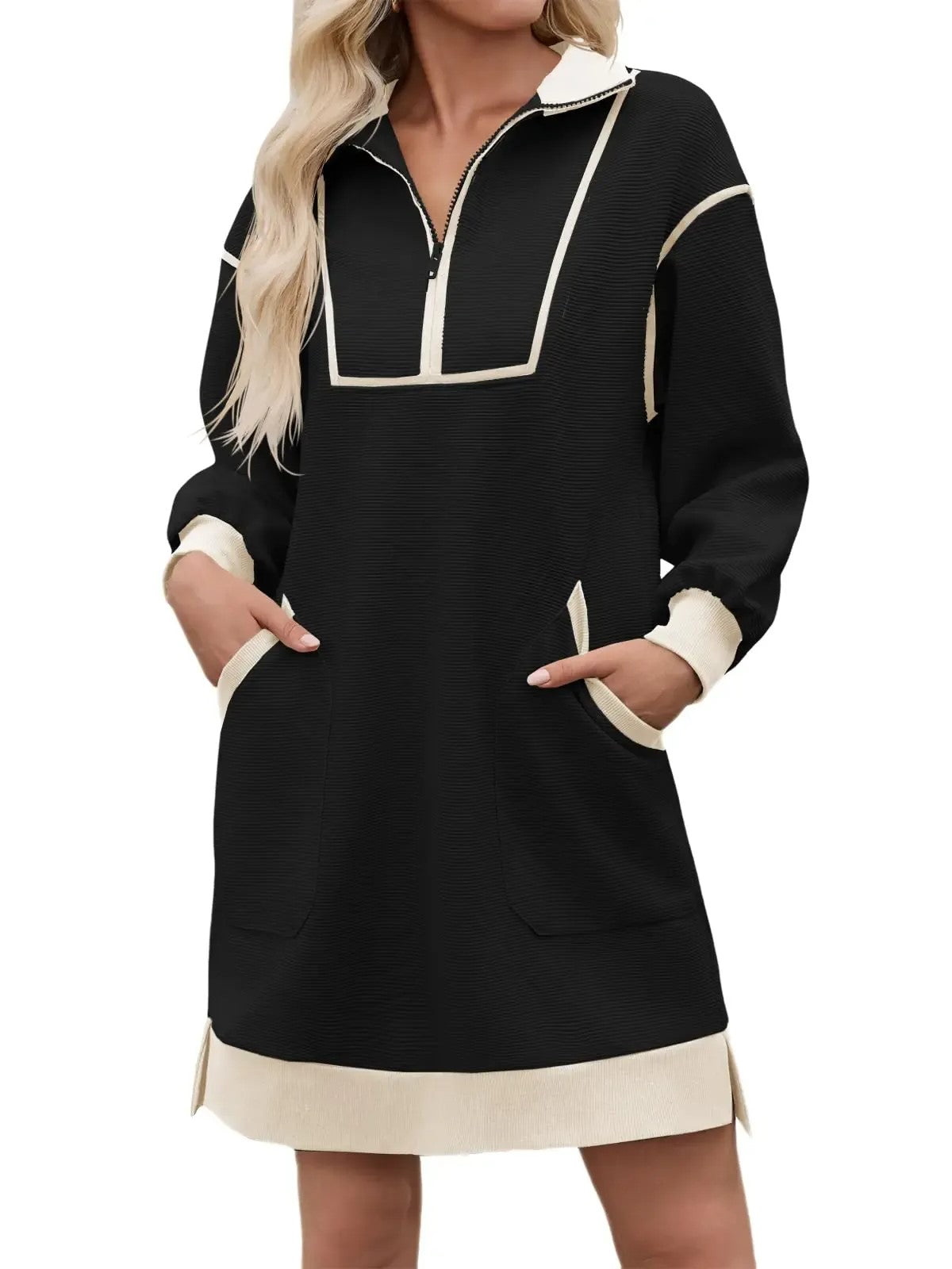 Women's Half Zip Contrast Trim Pocket Dress